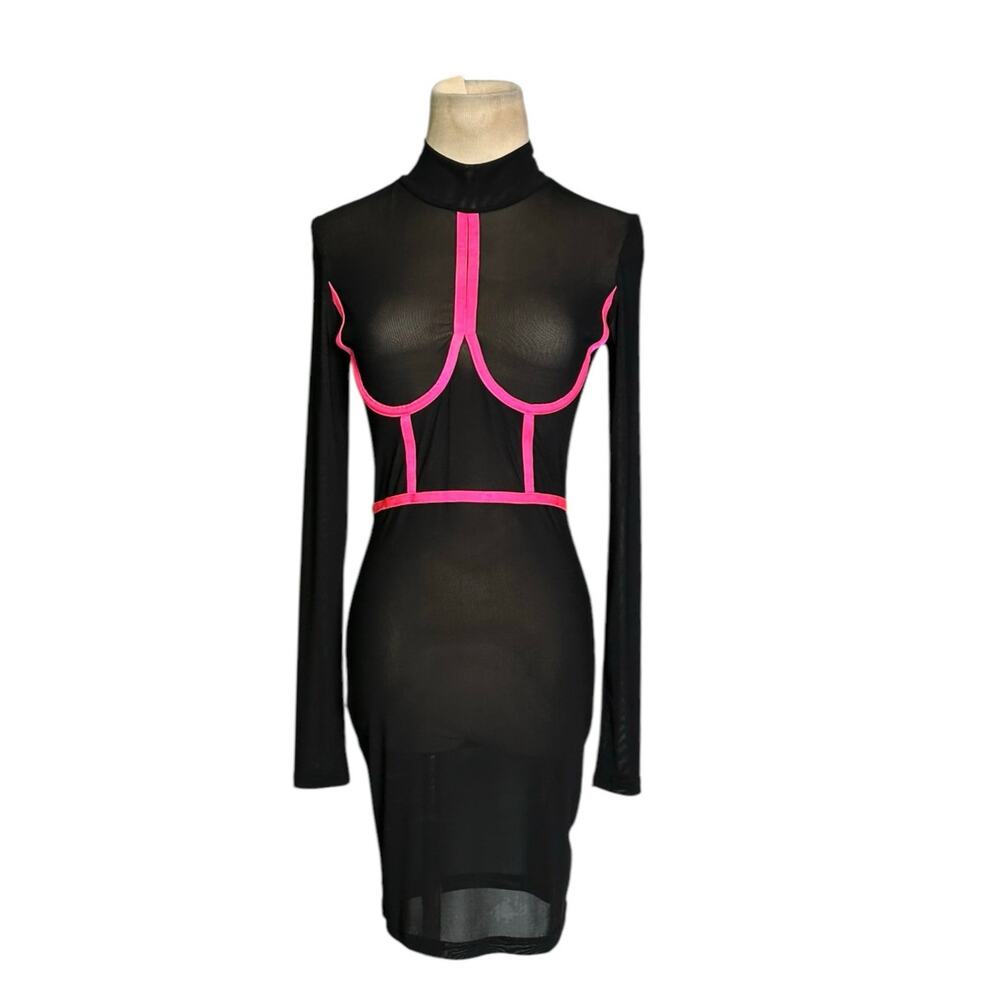 Celebrity Fashion by Hera Collection black mesh pink trim dress size Small
